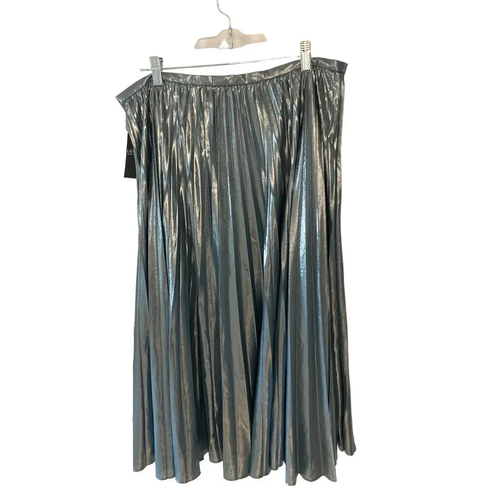 NWT LAUREN RALPH LAUREN PLEATED METALLIC CHIFFON SKIRT HIGHLAND SEASILVER FOIL 1 - Picture 4 of 8